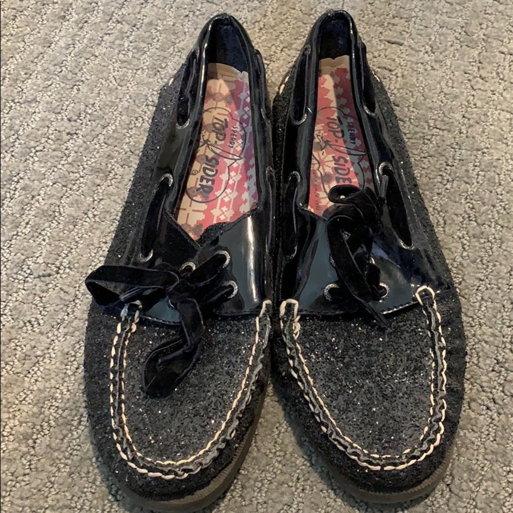 Black Glitter and Velvet Sperry Top Sider Loafers